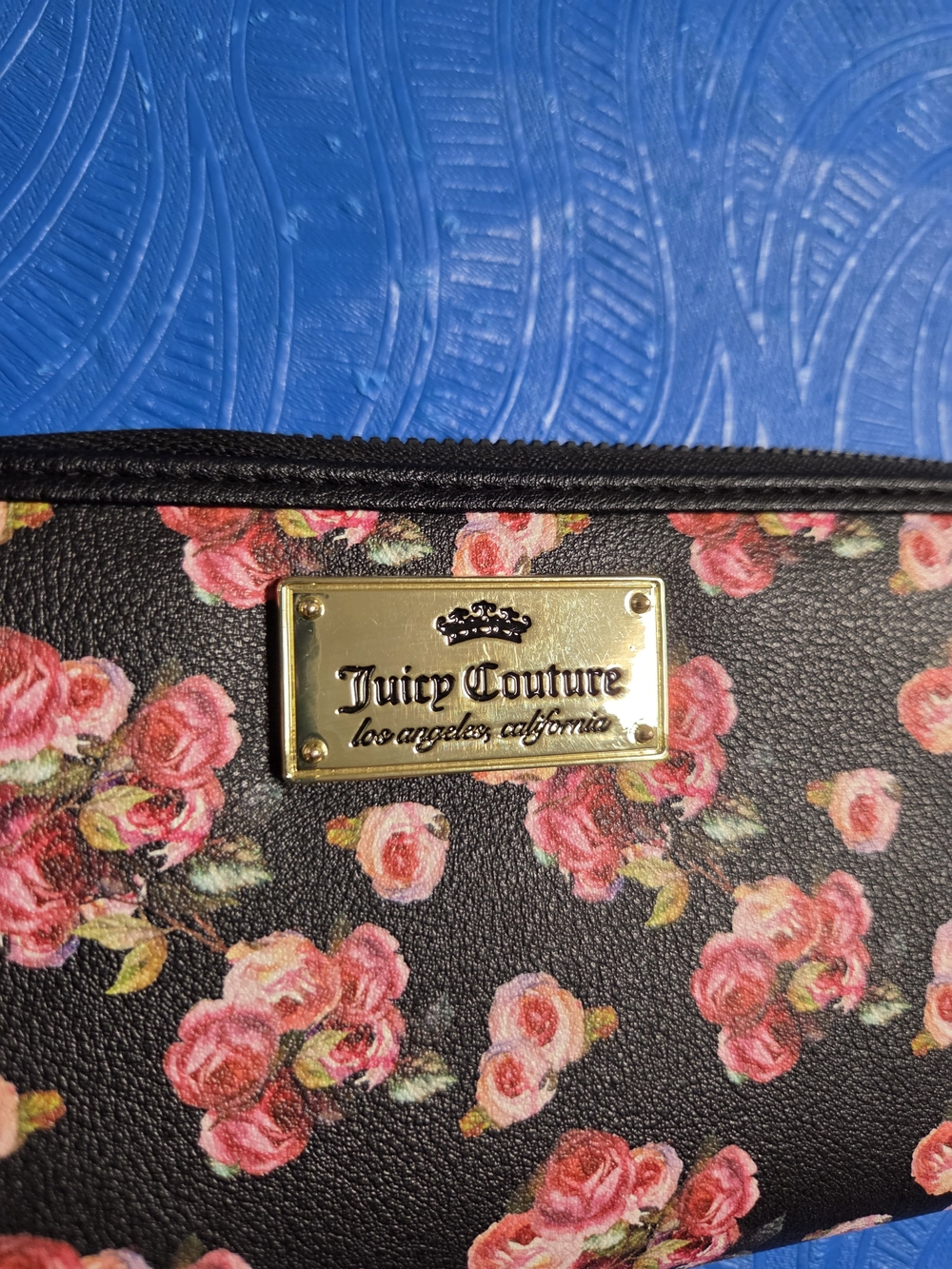 Juicy Couture Floral Zip Wallet in Black with Pink Roses